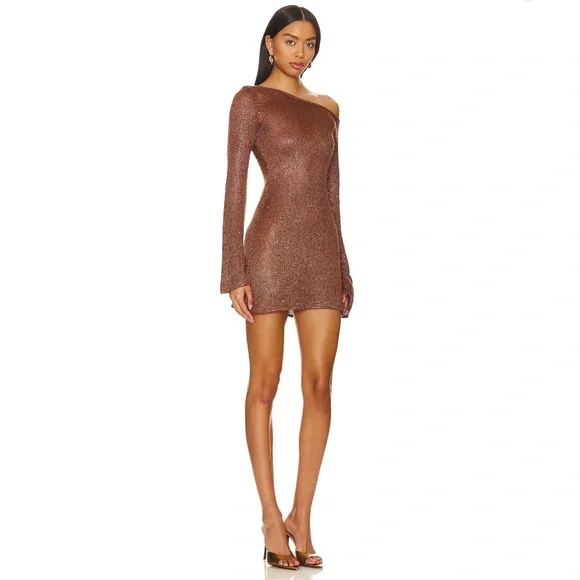 Asta resort Maya Sleeve Mini Dress - Chocolate Sequin Brown One-Shoulder Dress - Picture 2 of 8